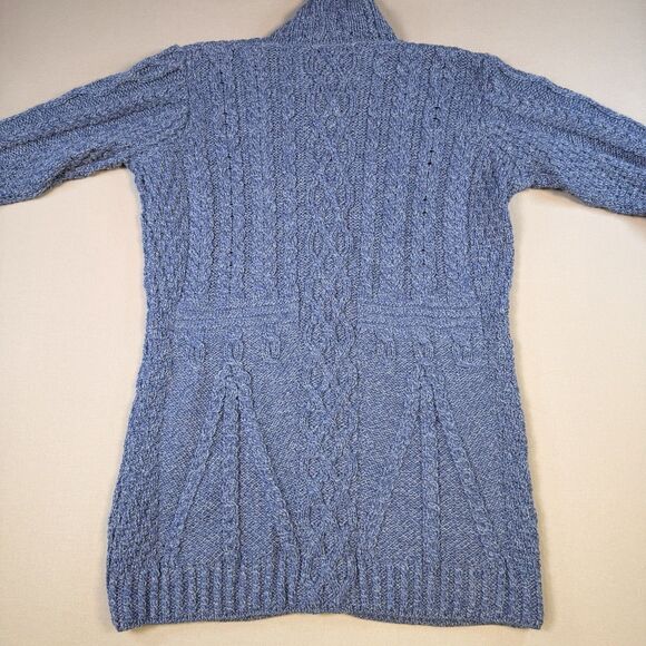 ARAN Womens Long Fisherman Cardigan Duster Ireland Merino Wool XL Cable Knit - Picture 2 of 6